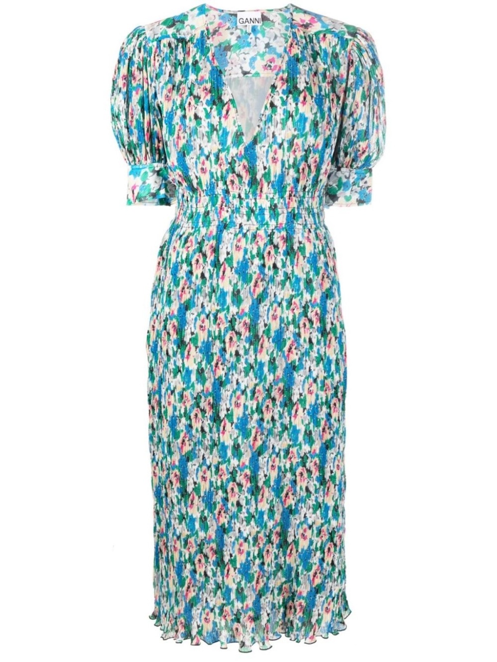 Ganni Blue Teal Floral Puff-Sleeve Midi Dress
